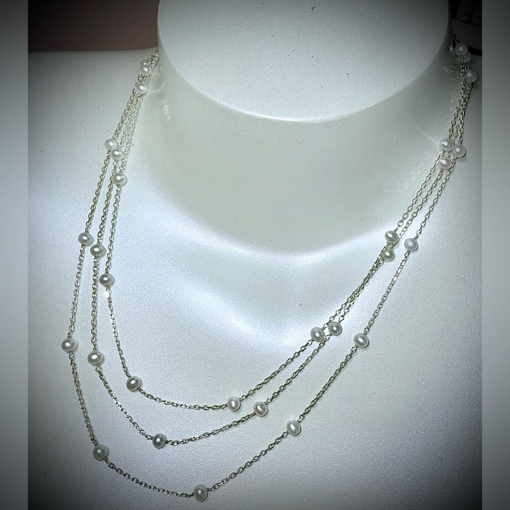 Fetching 925 Sterling Silver Triple Strand Pearl & Chain Station Necklace 15-17”